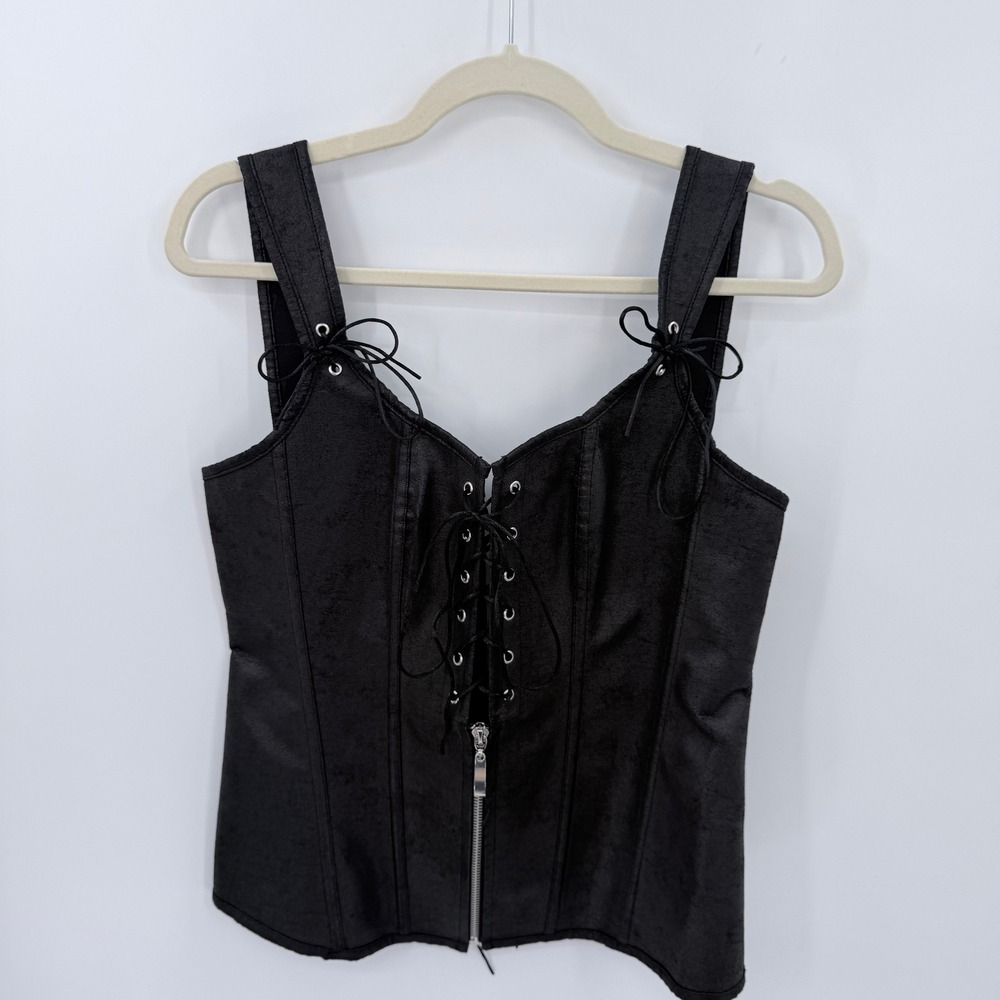 Charmian Black Faux Leather Lace Up Corset Top Zipper Front XL Goth Punk Bustier